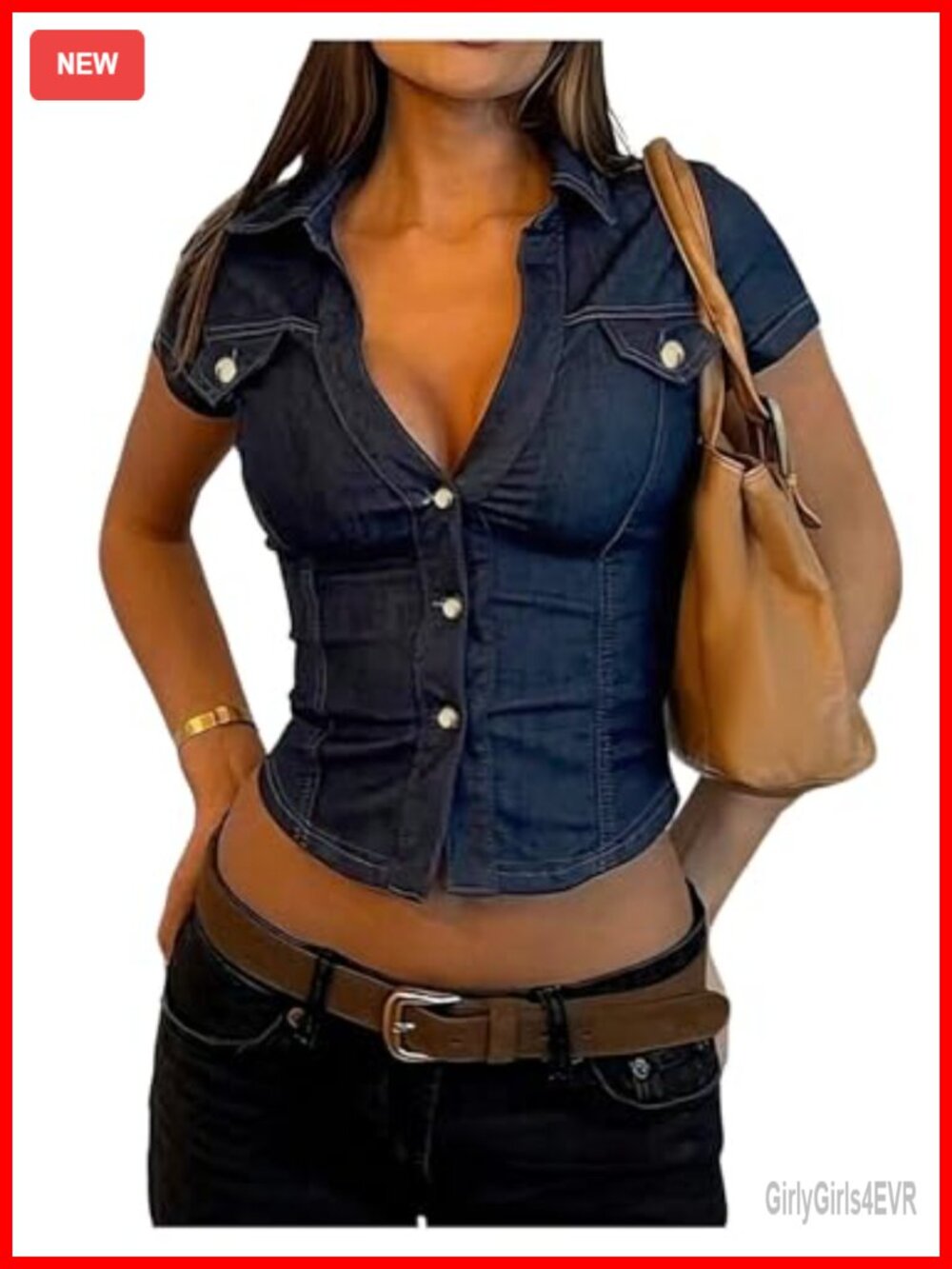 Oversized Denim Button Down Collared Shirt Western Short Sleeve Deep V Neck